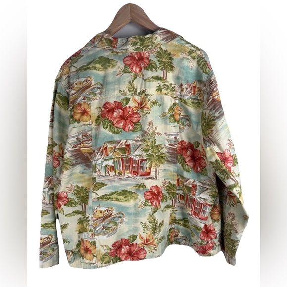 Coldwater Creek Denim Shirt Jacket Button Front Hawaiian Tropical Print L NOTES - Picture 2 of 10